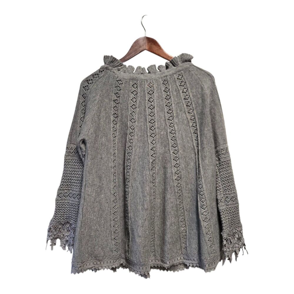 POL Sweater Wool Blend Poncho A Line  Crochet Lace Ruffle Gray SMALL Oversized‎ - Picture 3 of 4